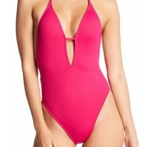 The Bikini Lab Fuchsia Pink Plunge Shirred VNeck Halter One Piece Swimsuit Large